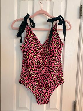 Posh Peanut Pink Leopard Print One-Piece Swimsuit with Black Ties
